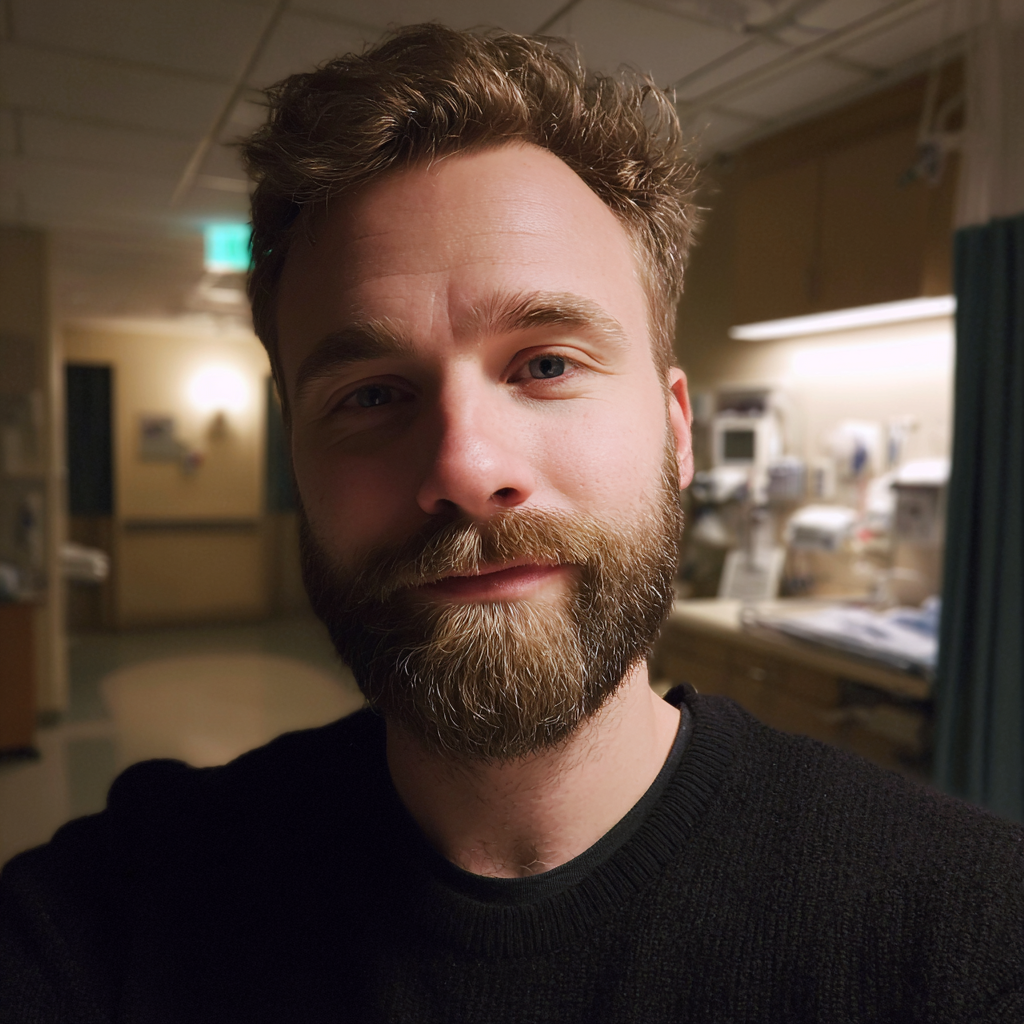 Un homme souriant debout dans une chambre d'hôpital | Source : Midjourney