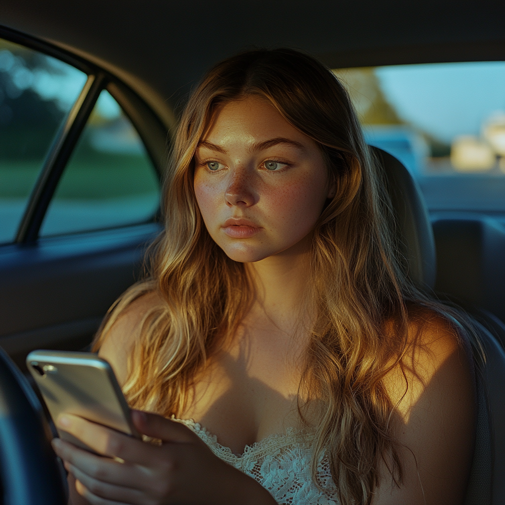 Une femme triste qui regarde son téléphone alors qu'elle est assise dans sa voiture | Source : Midjourney