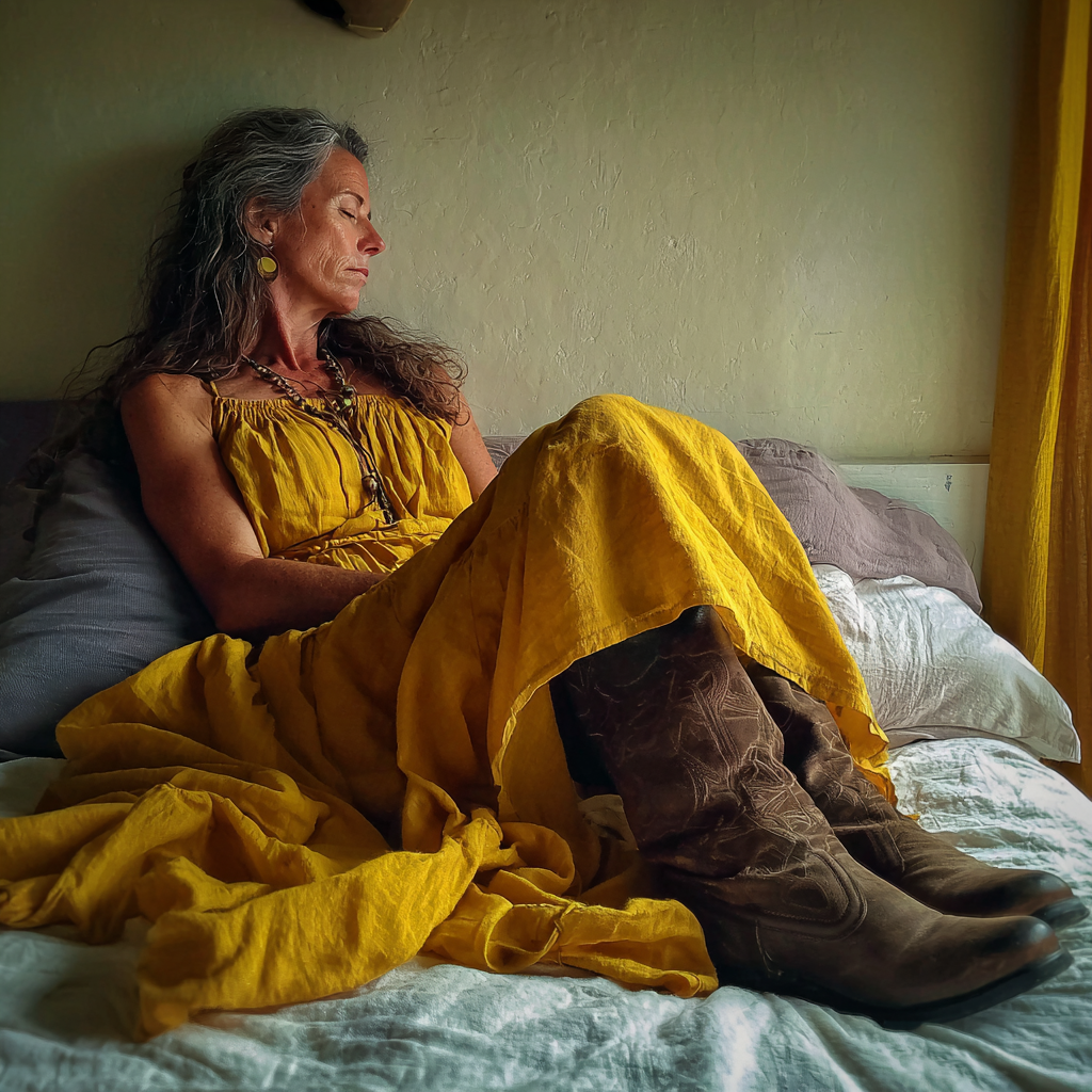 Une femme âgée allongée sur un lit | Source : Midjourney