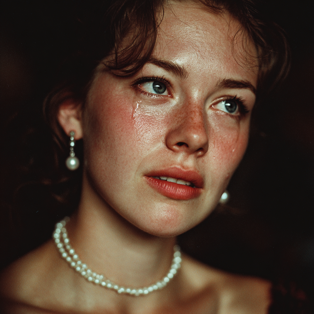 Une femme qui pleure en portant des perles | Source : Midjourney
