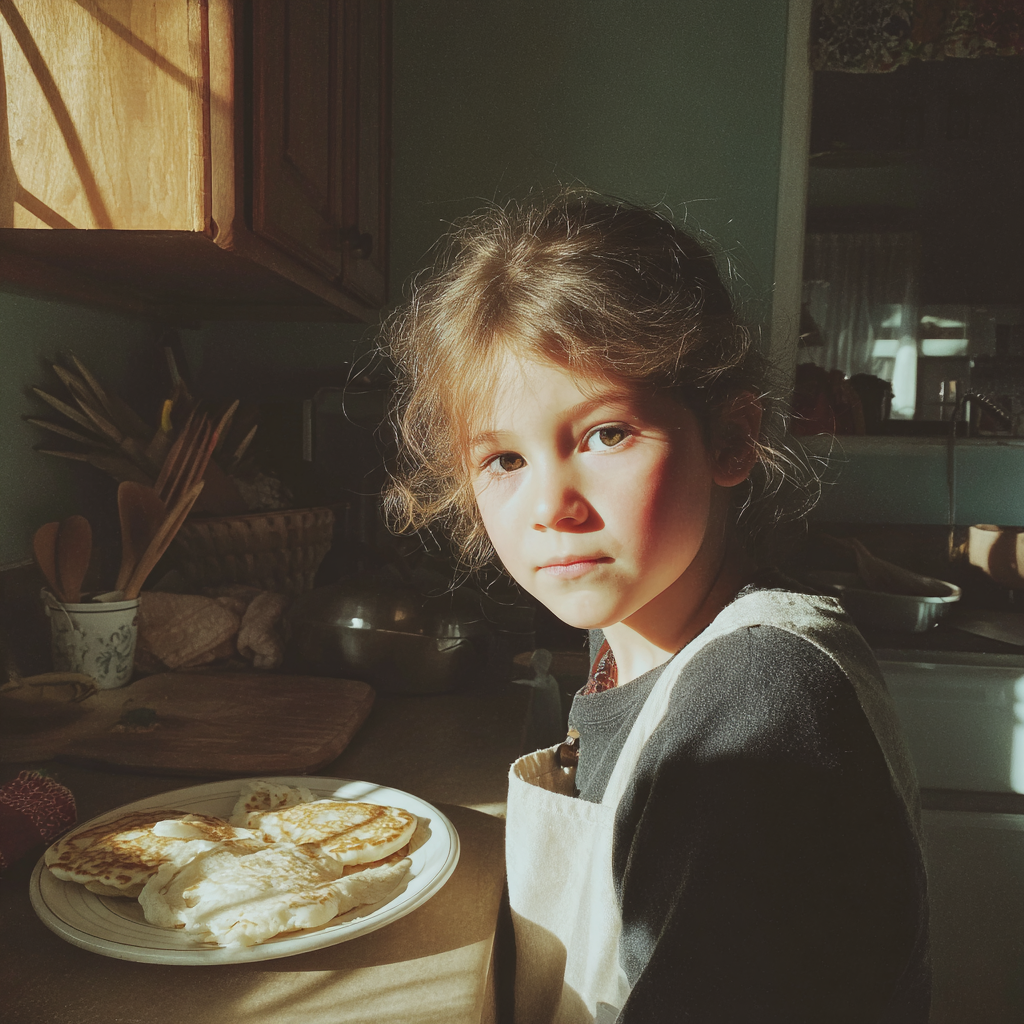 Une petite fille debout dans une cuisine | Source : Midjourney