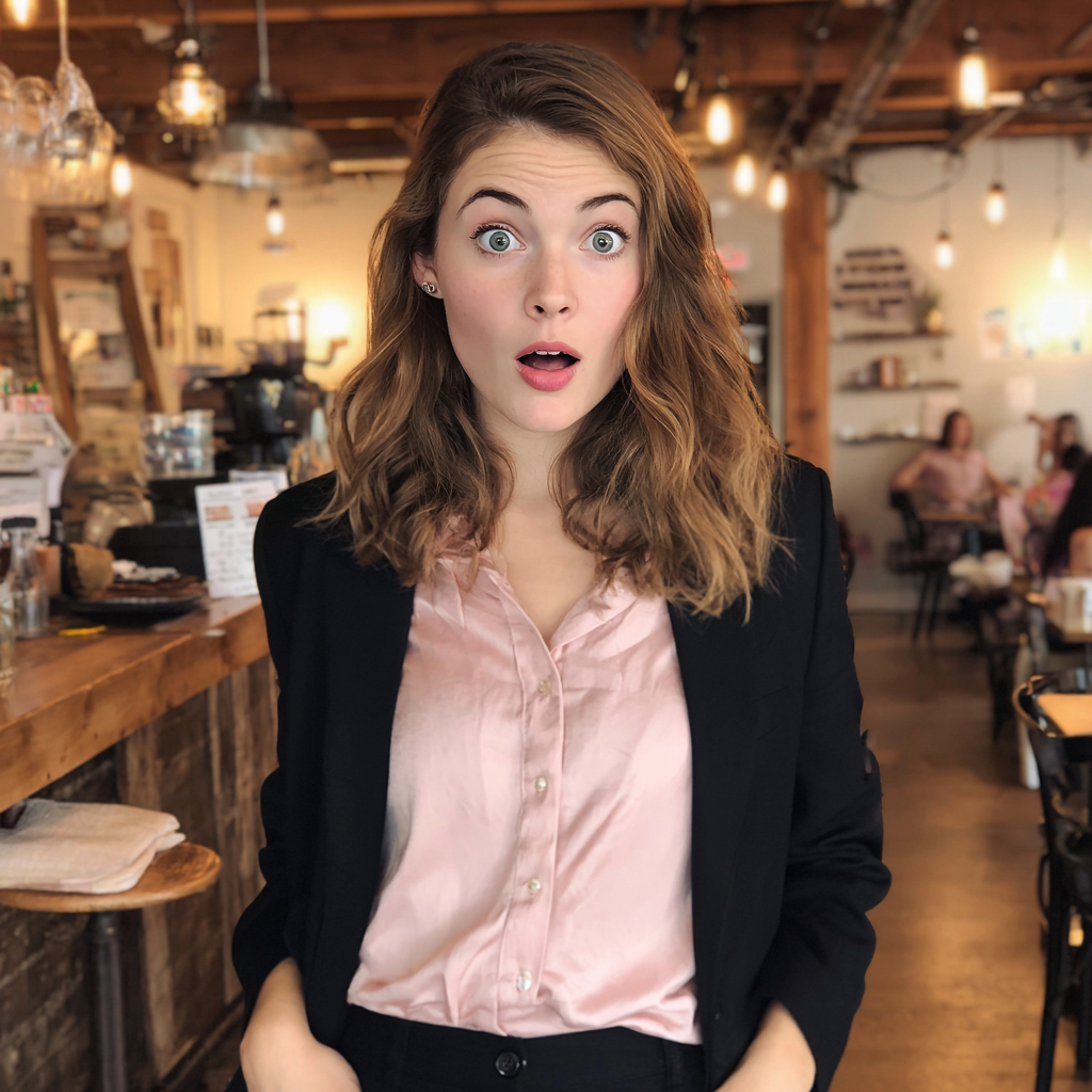 Une femme surprise portant un tailleur pantalon | Source : Midjourney