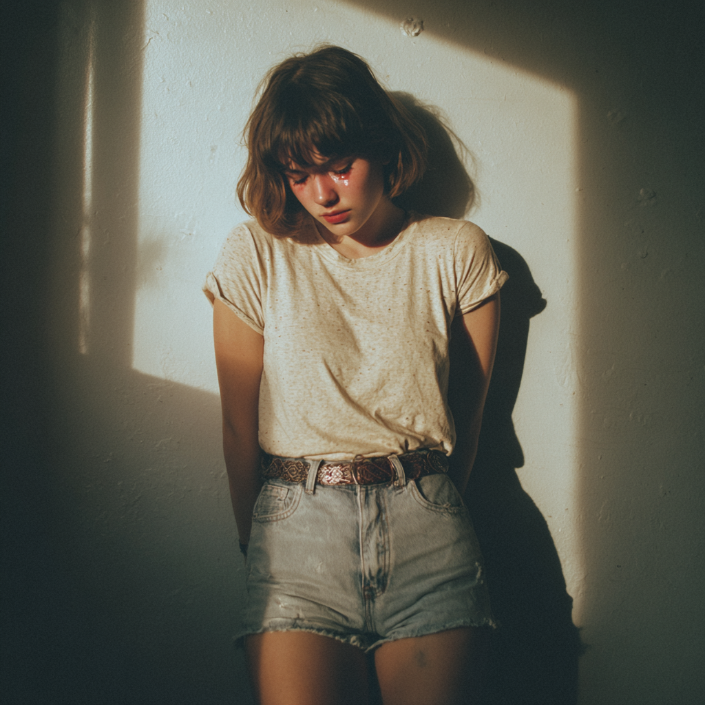 Une adolescente bouleversée adossée à un mur | Source : Midjourney