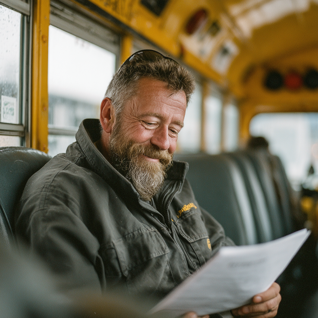 Un chauffeur de bus heureux qui lit une note | Source : Midjourney