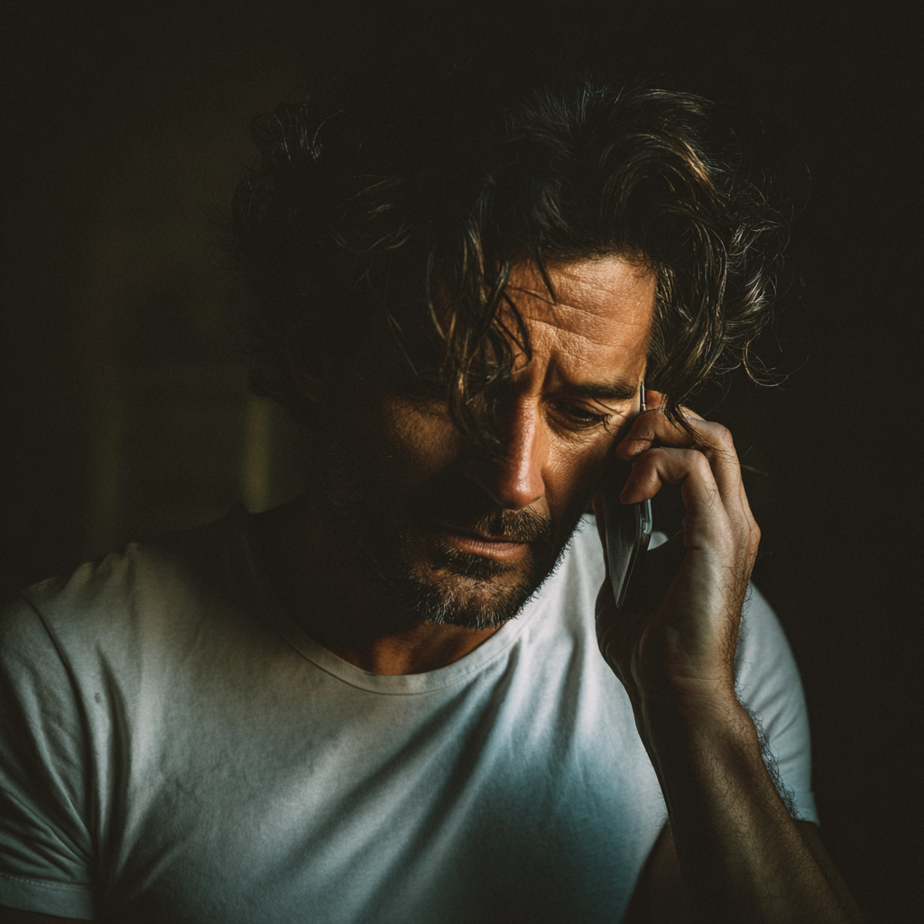 Un homme triste portant un t-shirt blanc | Source : Midjourney