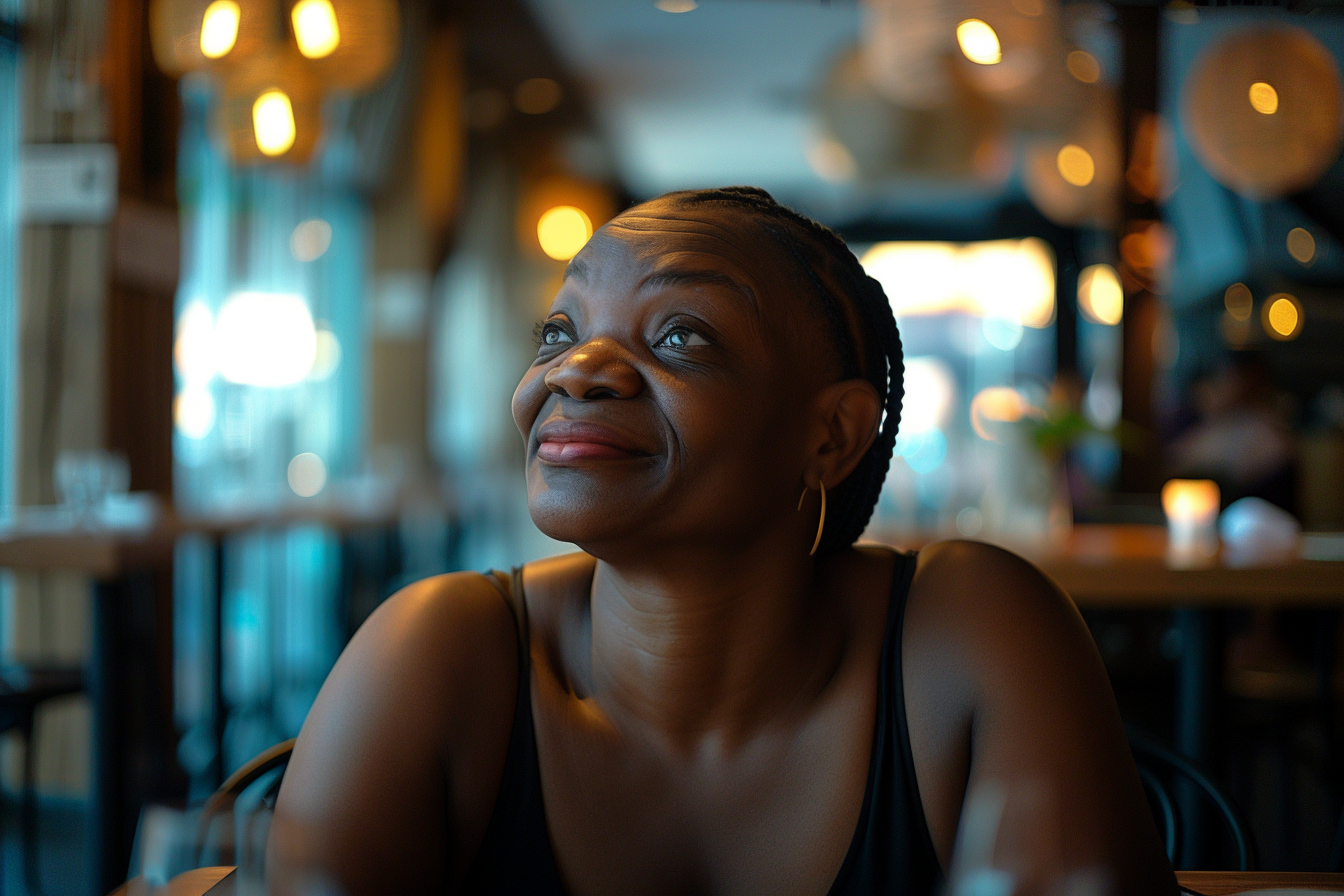 Une femme au restaurant qui regarde en l'air et sourit | Source : Midjourney