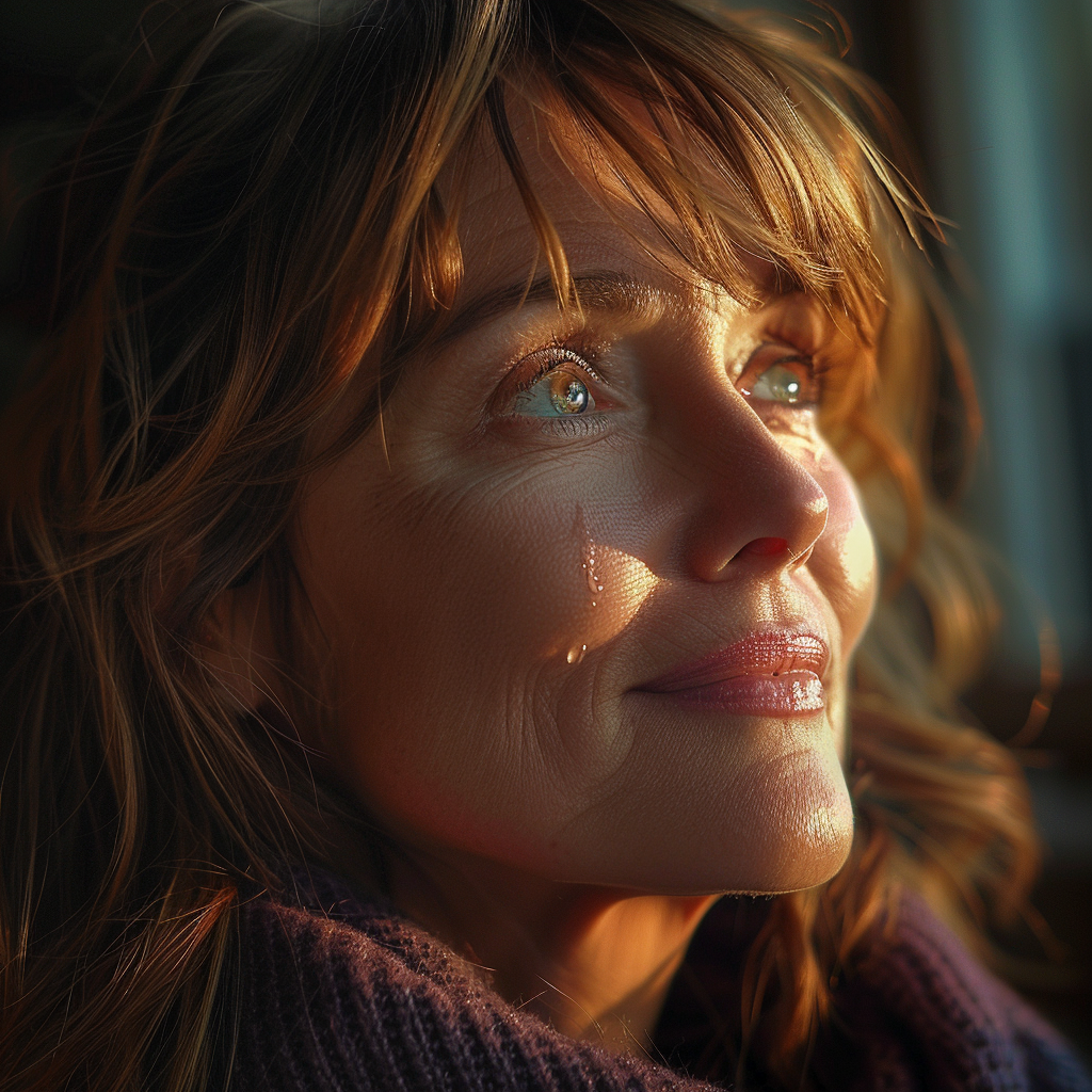 Femme très émotive qui regarde devant elle et sourit | Source : Midjourney