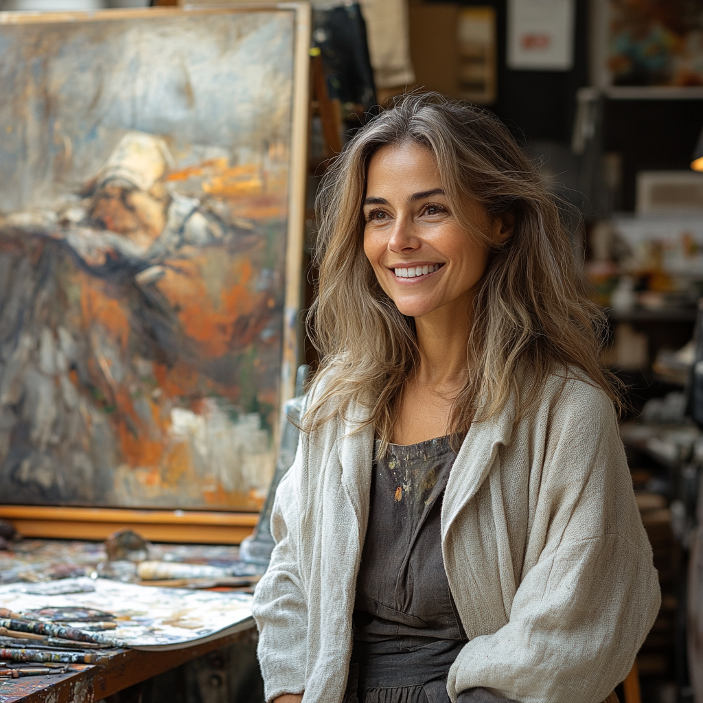 Une peintre souriant dans son atelier | Source : Midjourney