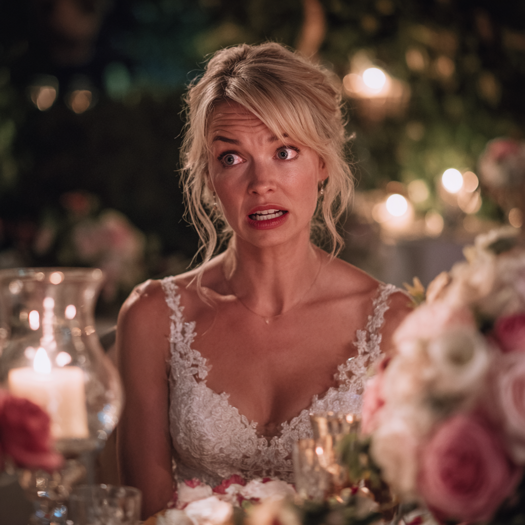Une mariée surprise assise à une table | Source : Midjourney