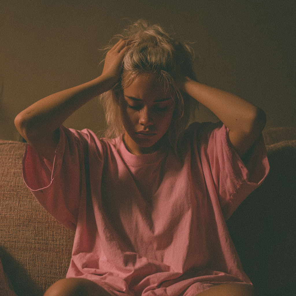 Une jeune femme assise, les mains sur la tête | Source : Midjourney