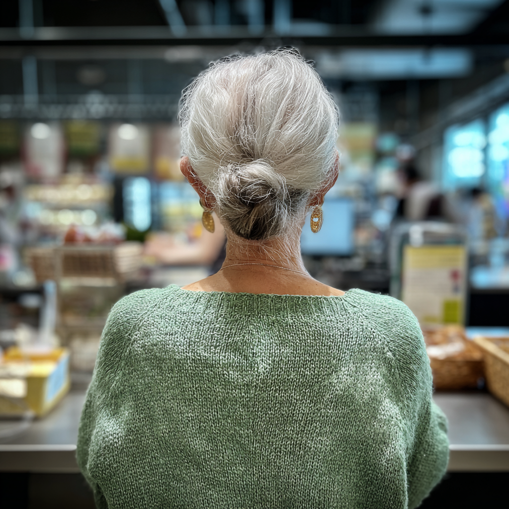 Une femme âgée debout dans une épicerie | Source : Midjourney