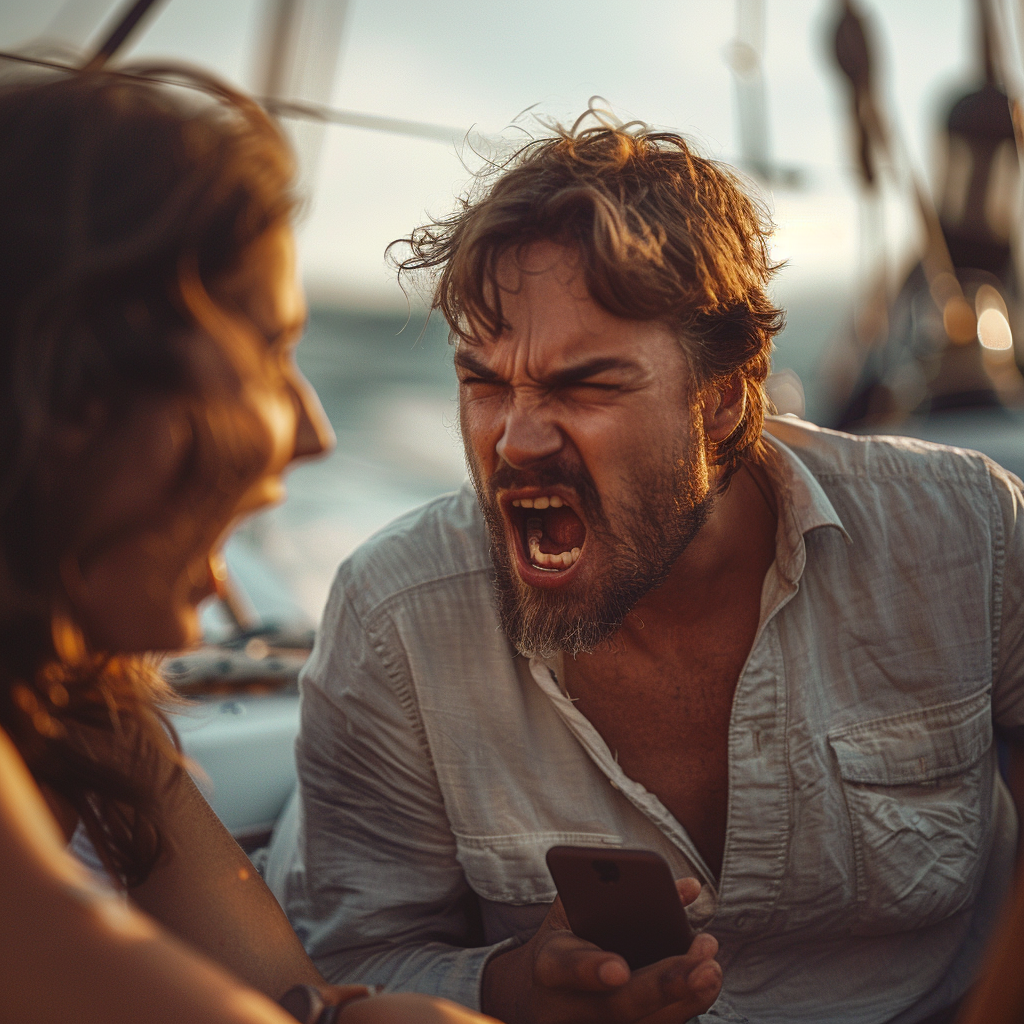 Un homme contrarié crie sur une femme en tenant son téléphone sur un bateau | Source : Midjourney
