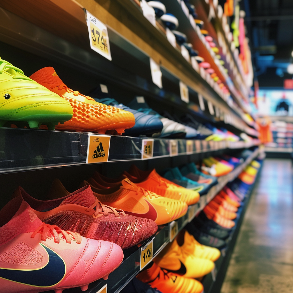 Une rangée de chaussures de football pour enfants dans un magasin | Source : Midjourney