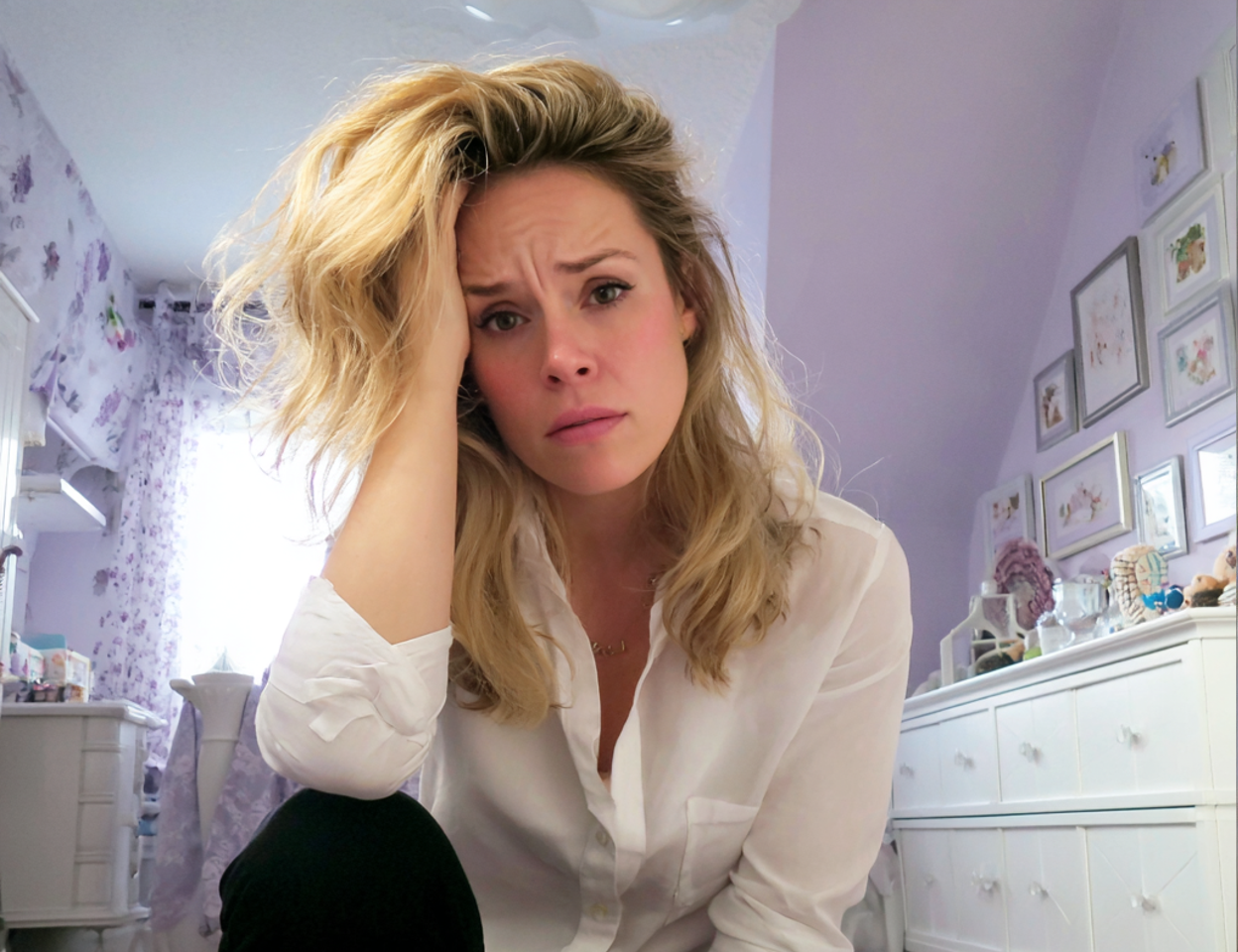 Une femme assise avec sa main sur la tête | Source : Midjourney