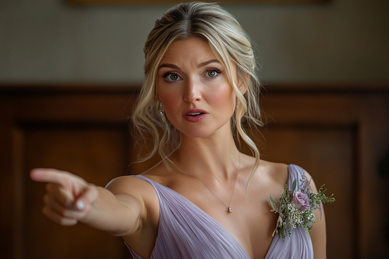 Une femme habillée pour un mariage pointe un doigt | Source : Midjourney