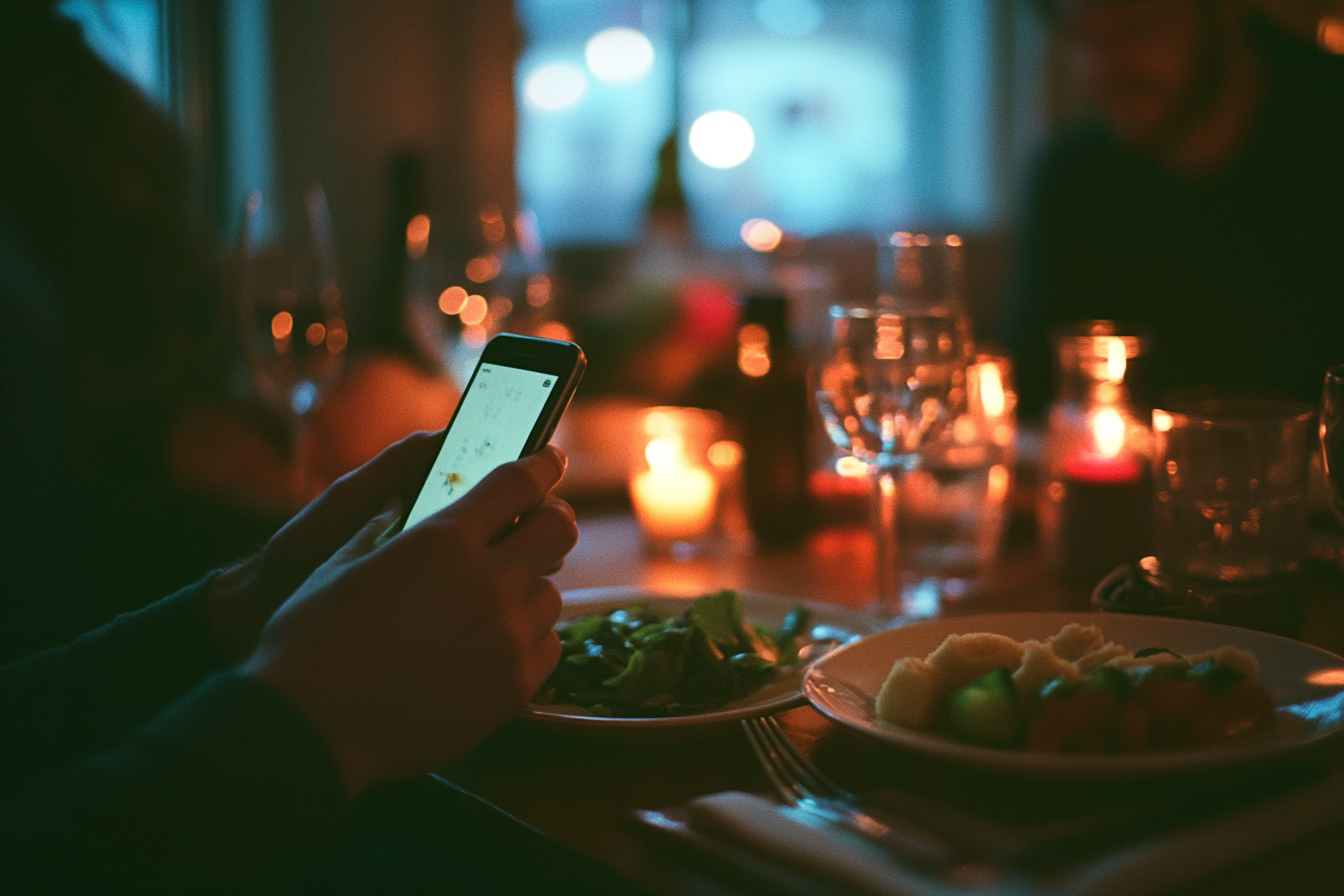 Une personne assise à une table de dîner romantique, tenant un téléphone | Source : Midjourney