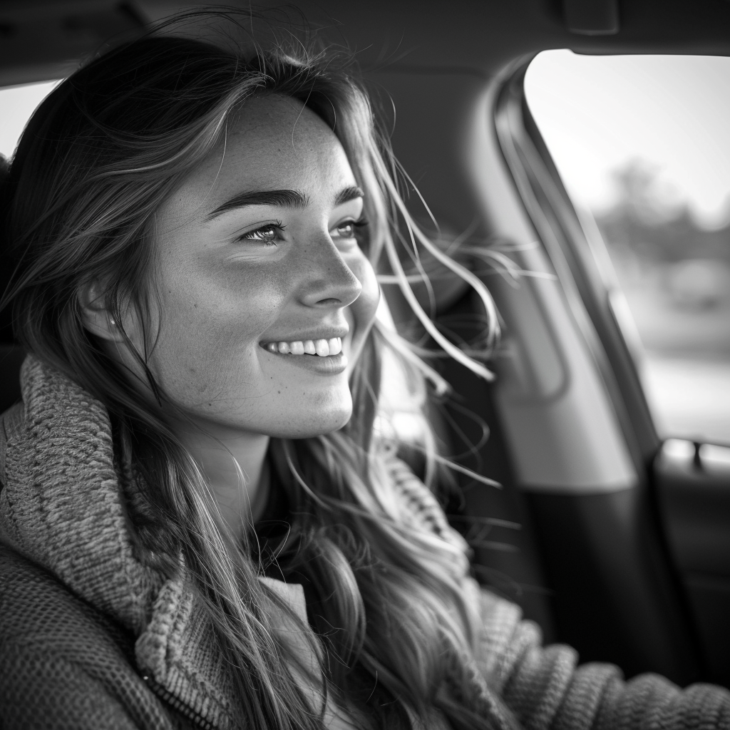 Photo en niveaux de gris d'une femme qui sourit en conduisant une voiture | Source : Midjourney