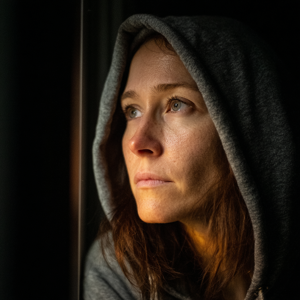 Une femme regardant par la fenêtre la nuit | Source : Midjourney