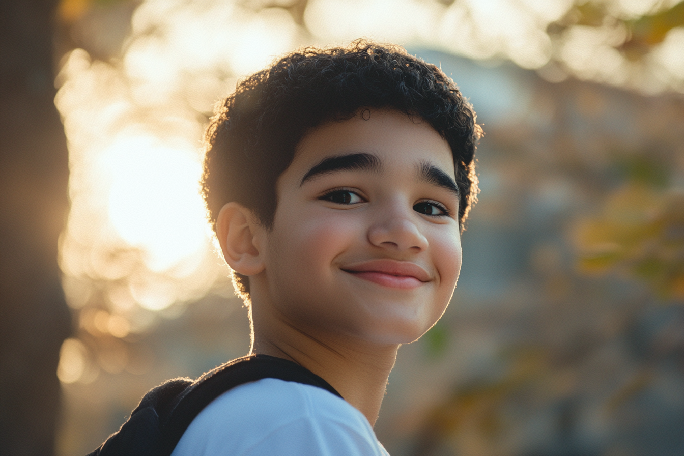 Un garçon souriant en rentrant chez lui | Source : Midjourney