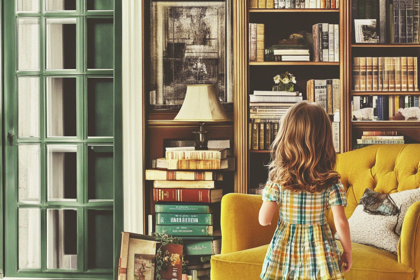 Une petite fille dans une maison remplie de livres | Source : Midjourney