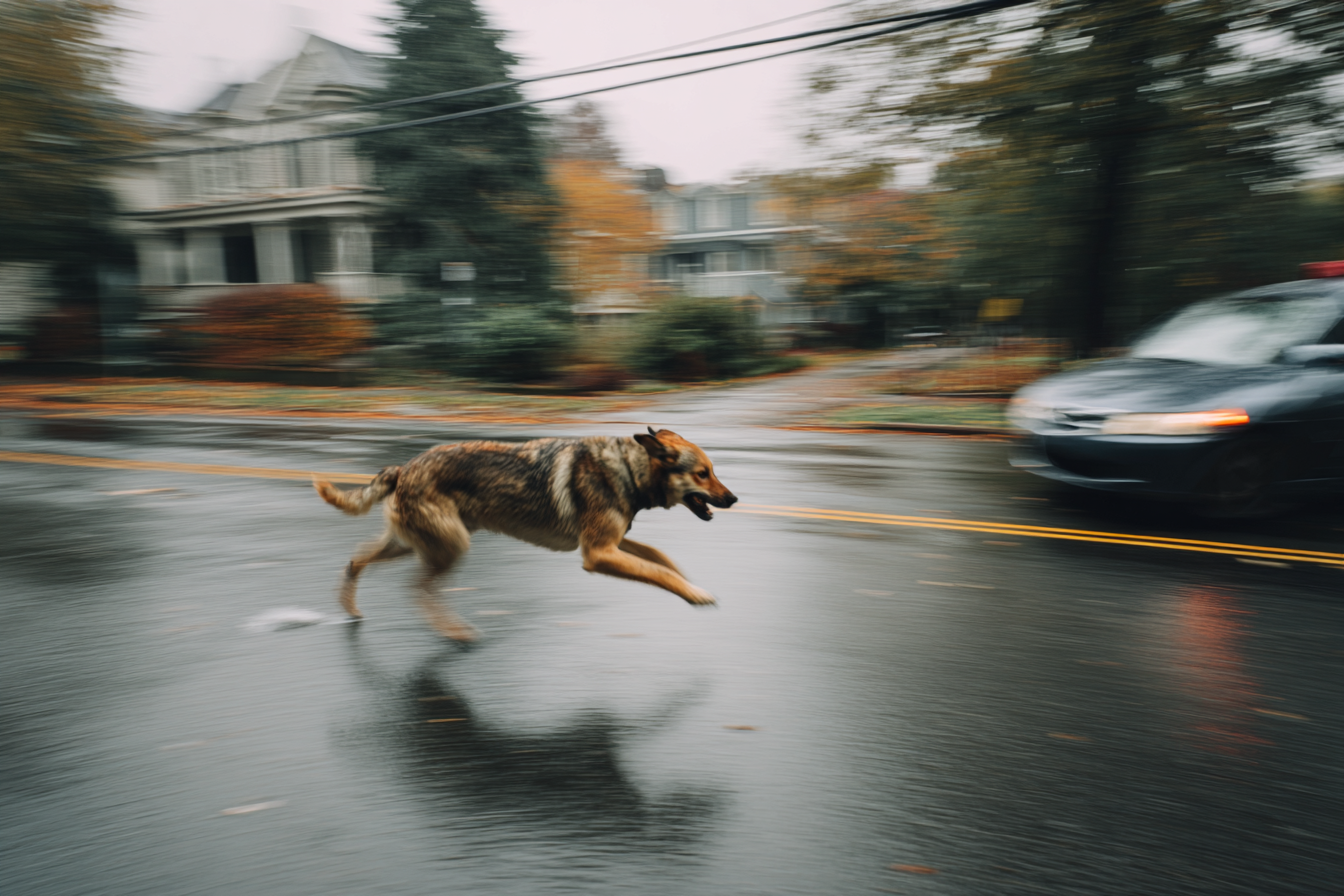 Un chien qui court dans la rue | Source : Midjourney