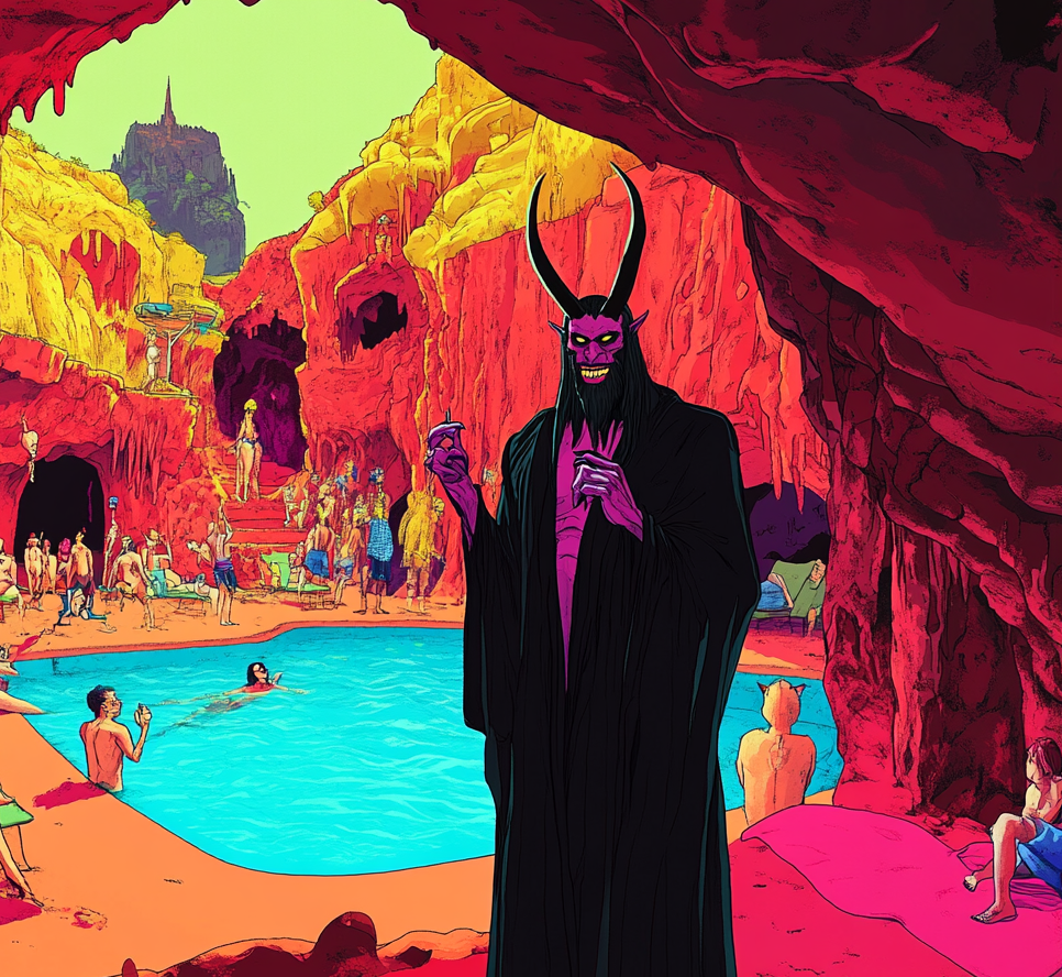 Une version caricaturale du diable en enfer haussant les épaules avec des gens qui s'amusent à la piscine | Source : Midjourney