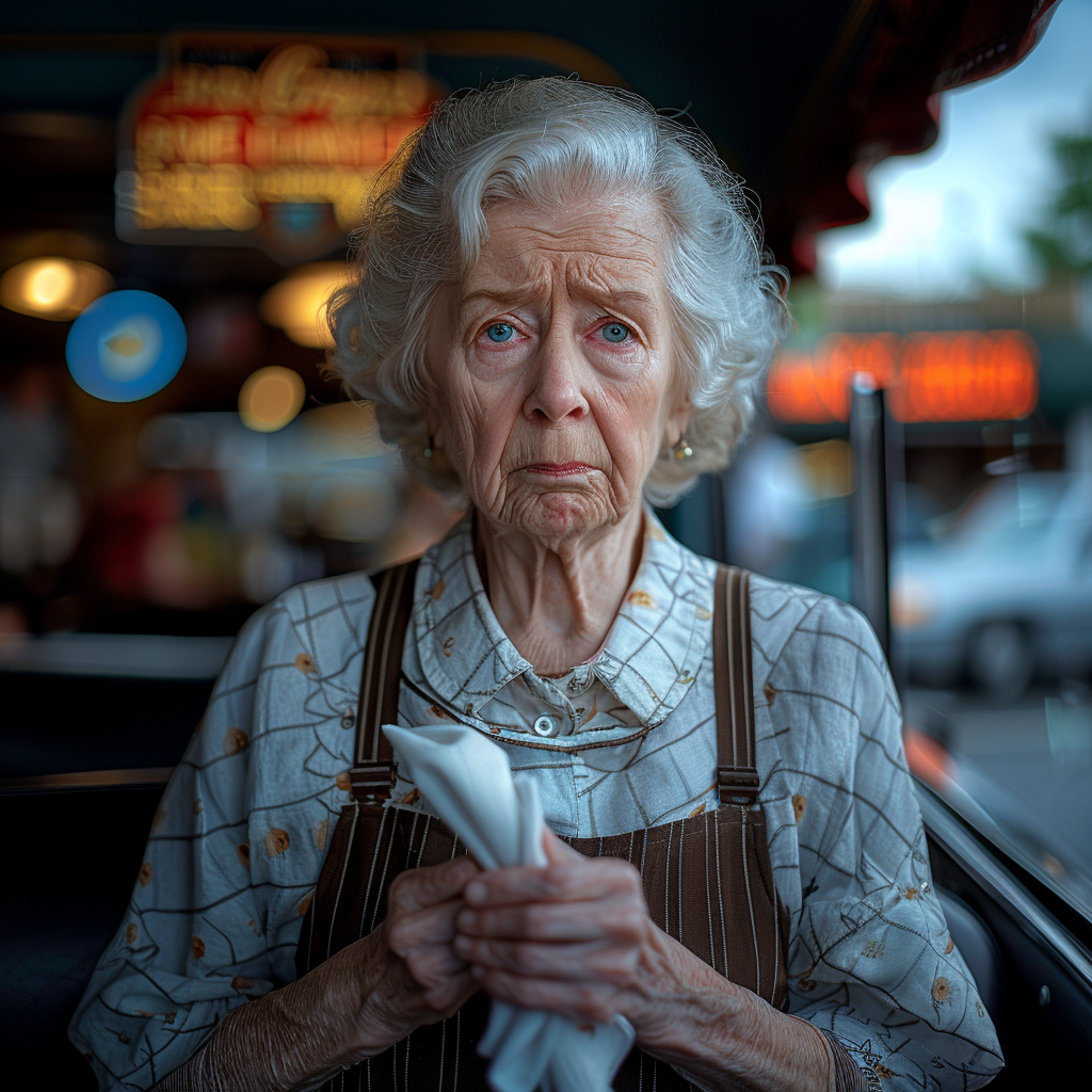 Une vieille dame de restaurant tenant une serviette | Source : Midjourney