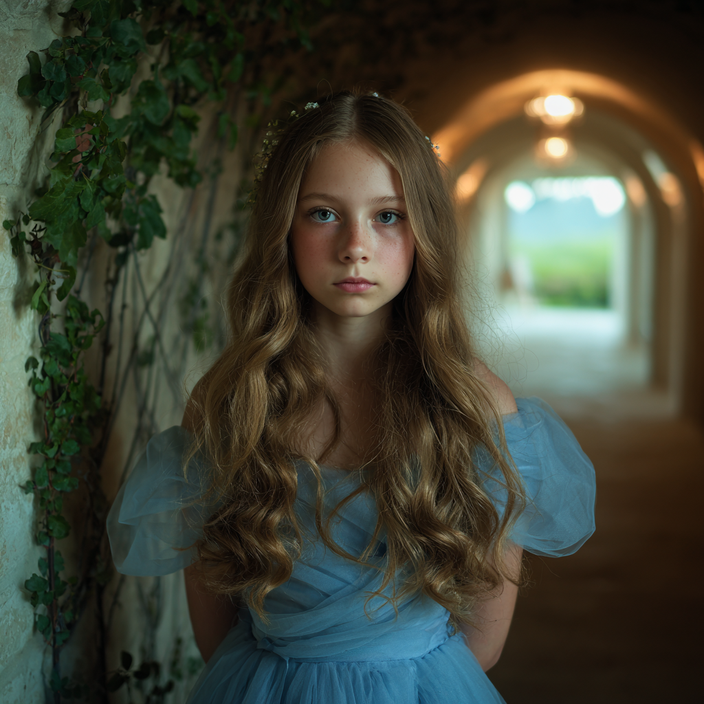 Une petite fille pensive debout dans une robe de tulle bleue | Source : Midjourney