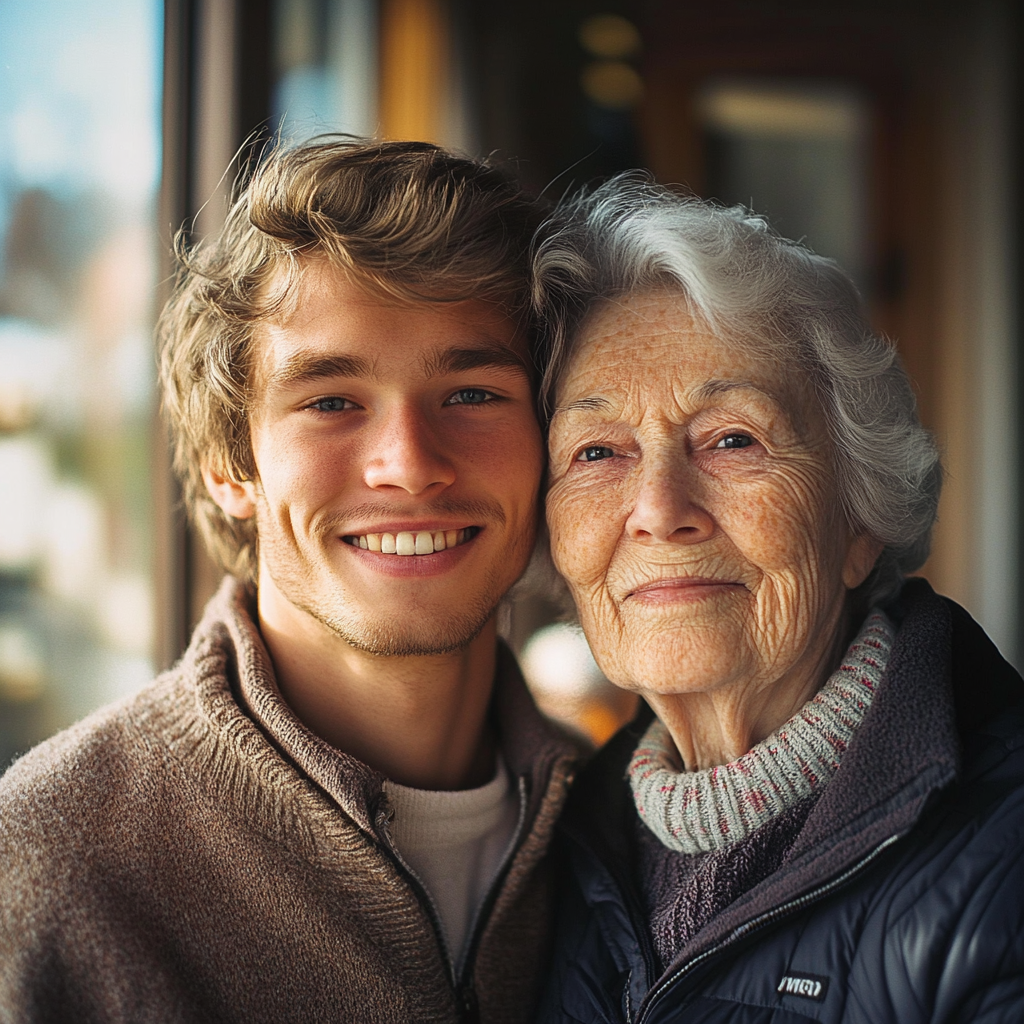 Un homme heureux posant avec sa mère | Source : Midjourney