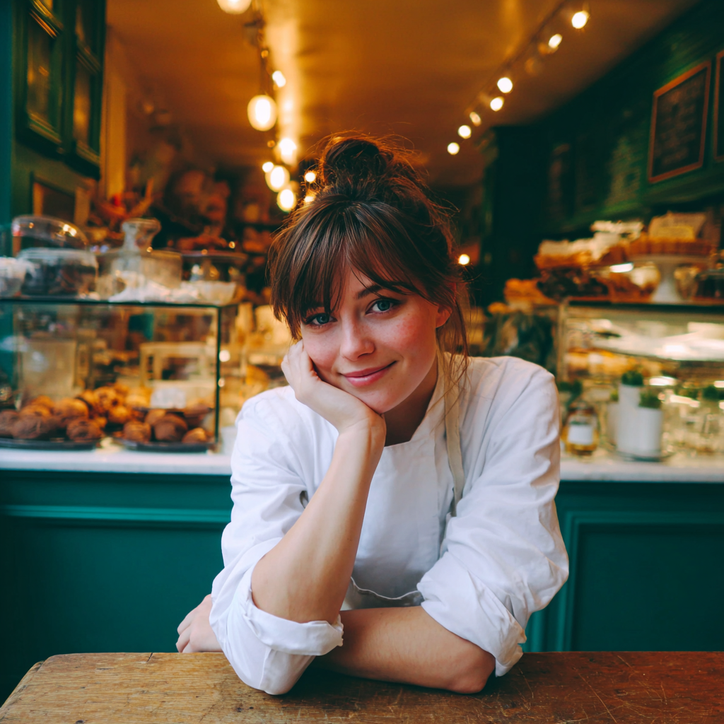 Une femme souriante adossée à une table | Source : Midjourney