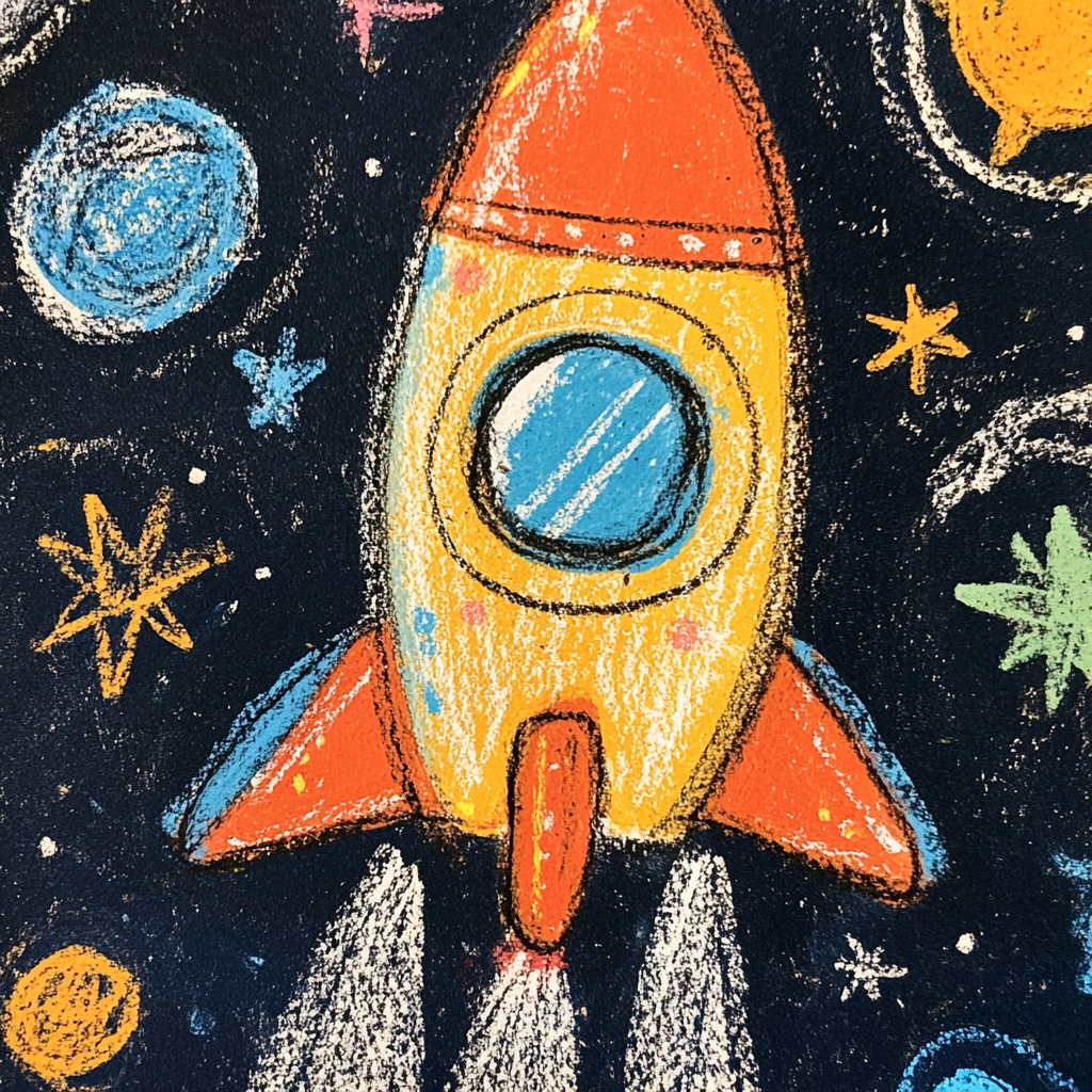 Gros plan sur un dessin de vaisseau spatial réalisé par un enfant | Source : Midjourney