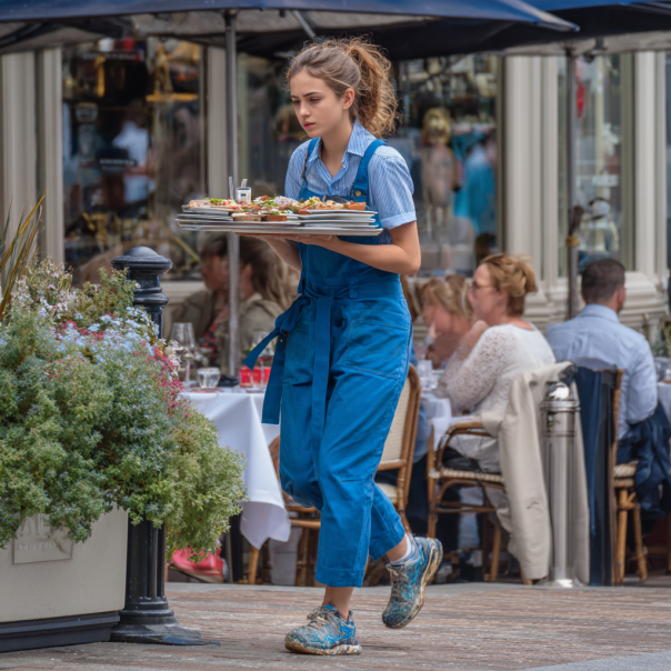 Une serveuse portant un plateau de nourriture | Source : Midjourney