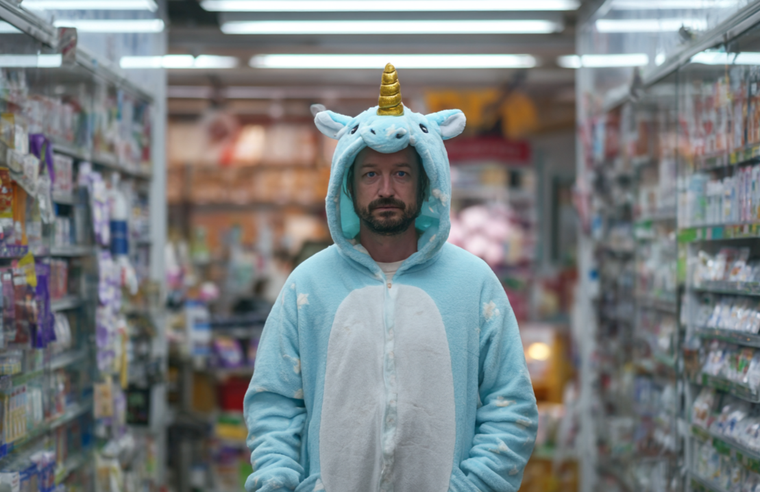 Un homme avec une grenouillère licorne | Source : Midjourney