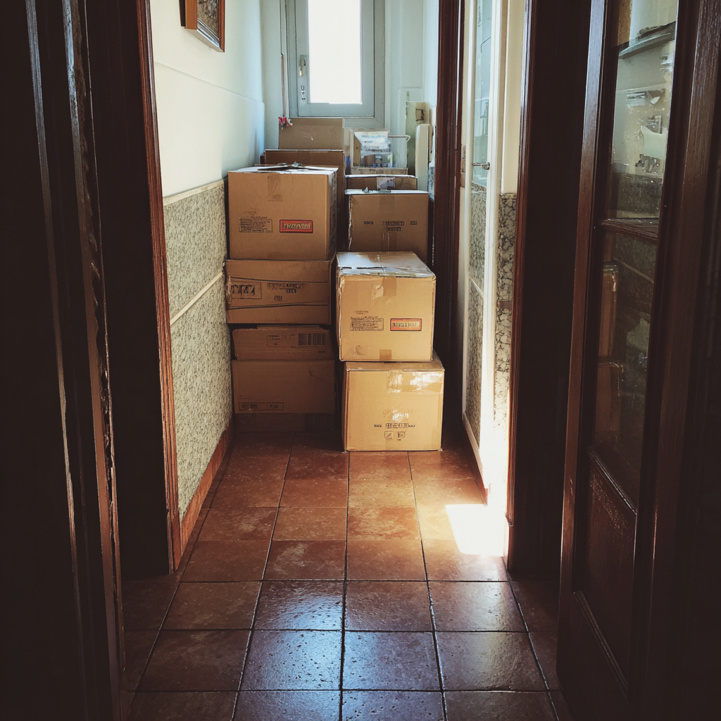 Des cartons empilés dans un couloir | Source : Midjourney