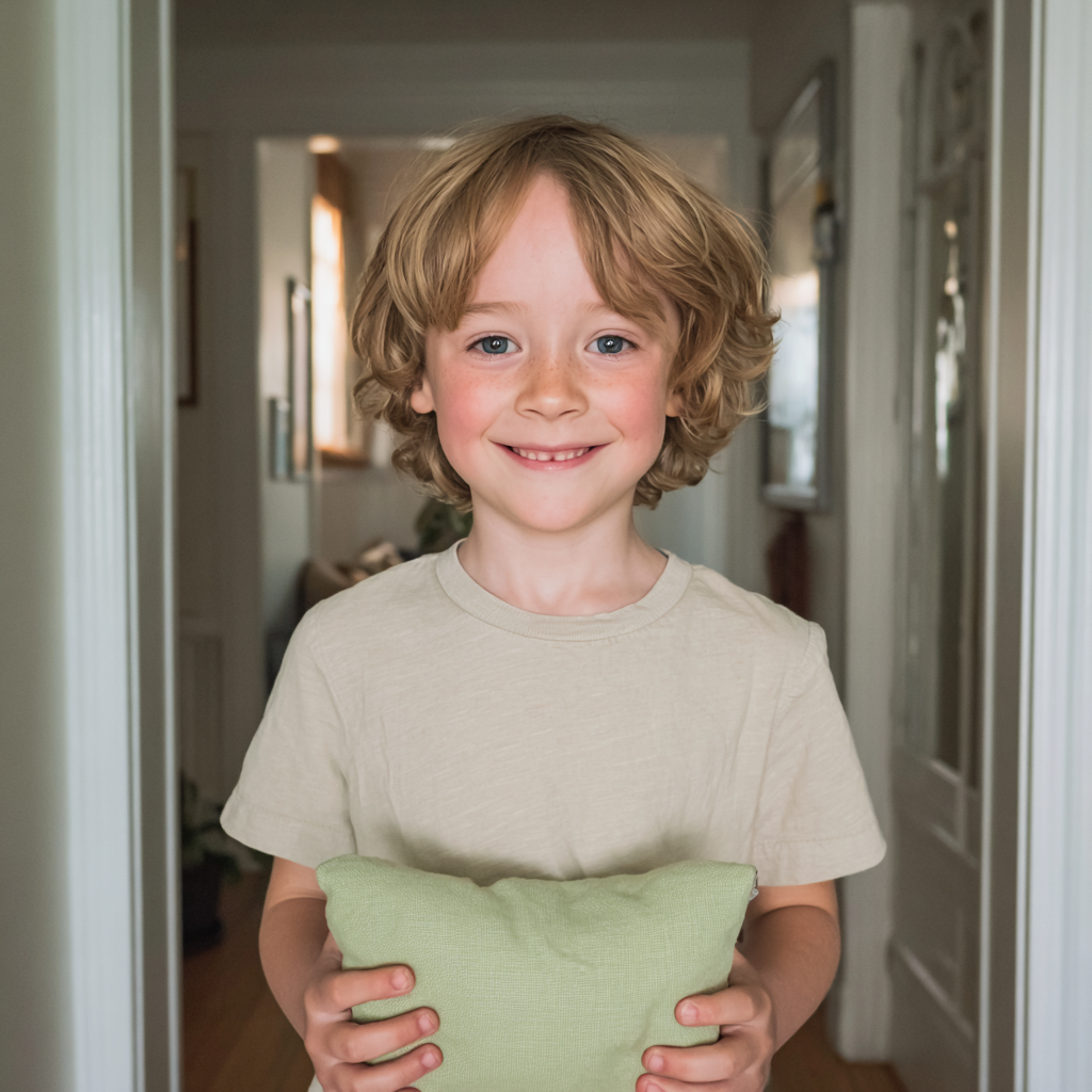 Un petit garçon souriant tenant un oreiller vert | Source : Midjourney