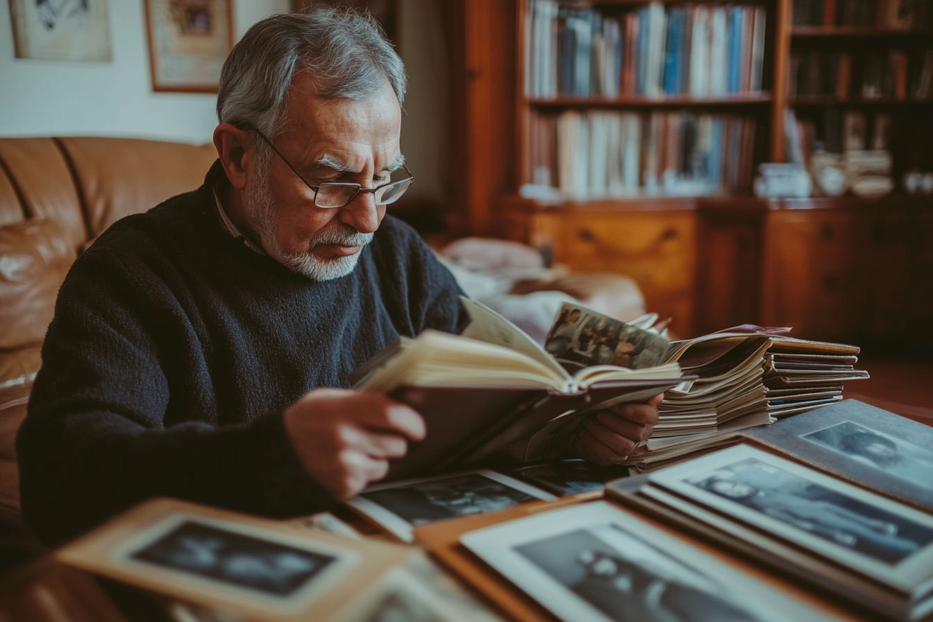 Un homme feuillette des albums photos | Source : Midjourney