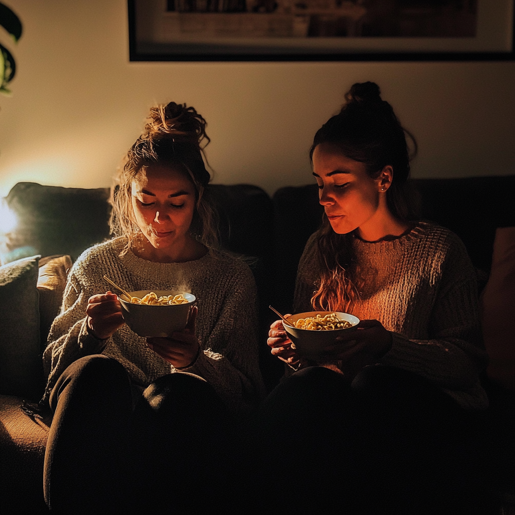 Deux femmes assises en train de manger ensemble | Source : Midjourney