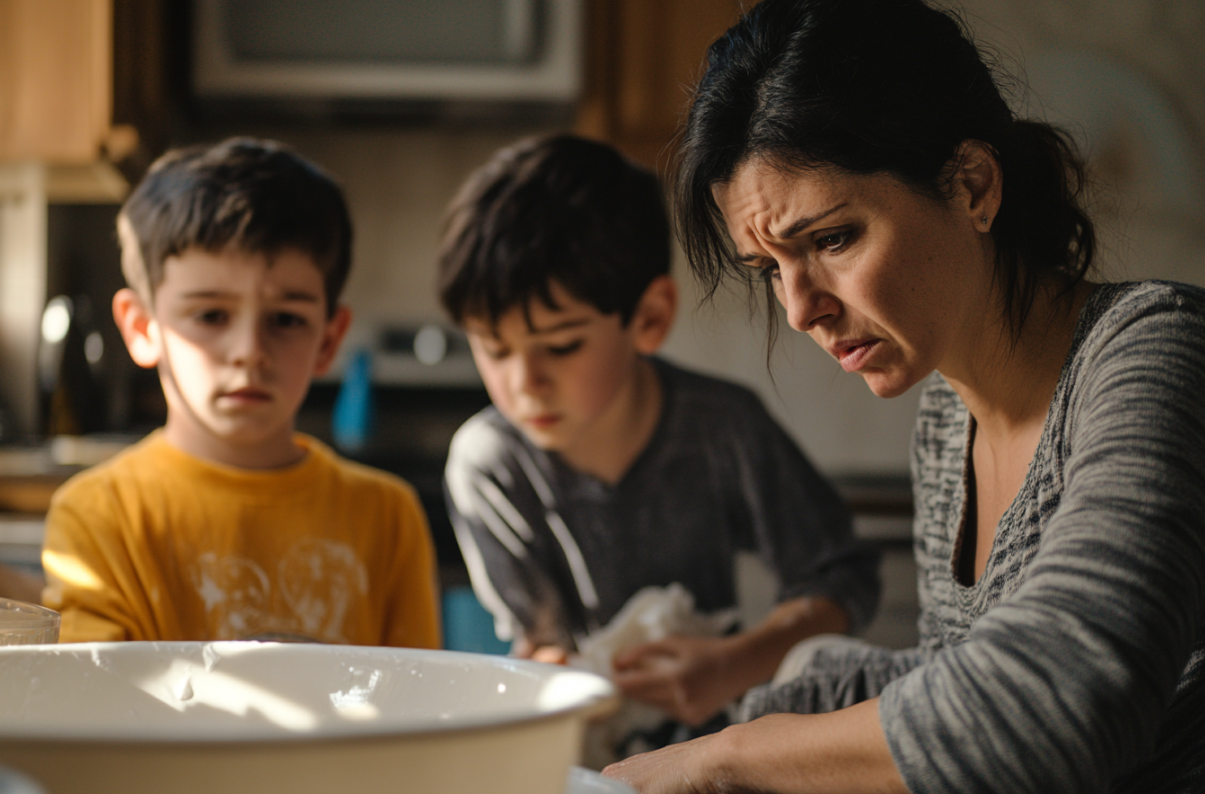 Une femme faisant des tâches ménagères avec ses enfants | Source : Midjourney