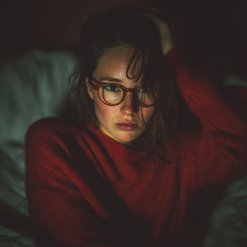 Une femme assise sur son lit et se tenant la tête | Source : Midjourney