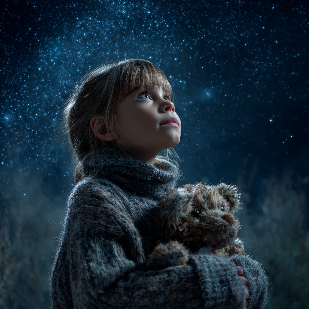 Une petite fille curieuse regarde le ciel étoilé en tenant son ours en peluche | Source : Midjourney