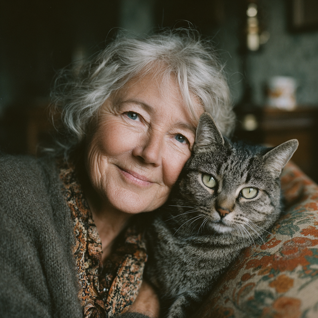 Une femme heureuse avec son chat | Source : Midjourney