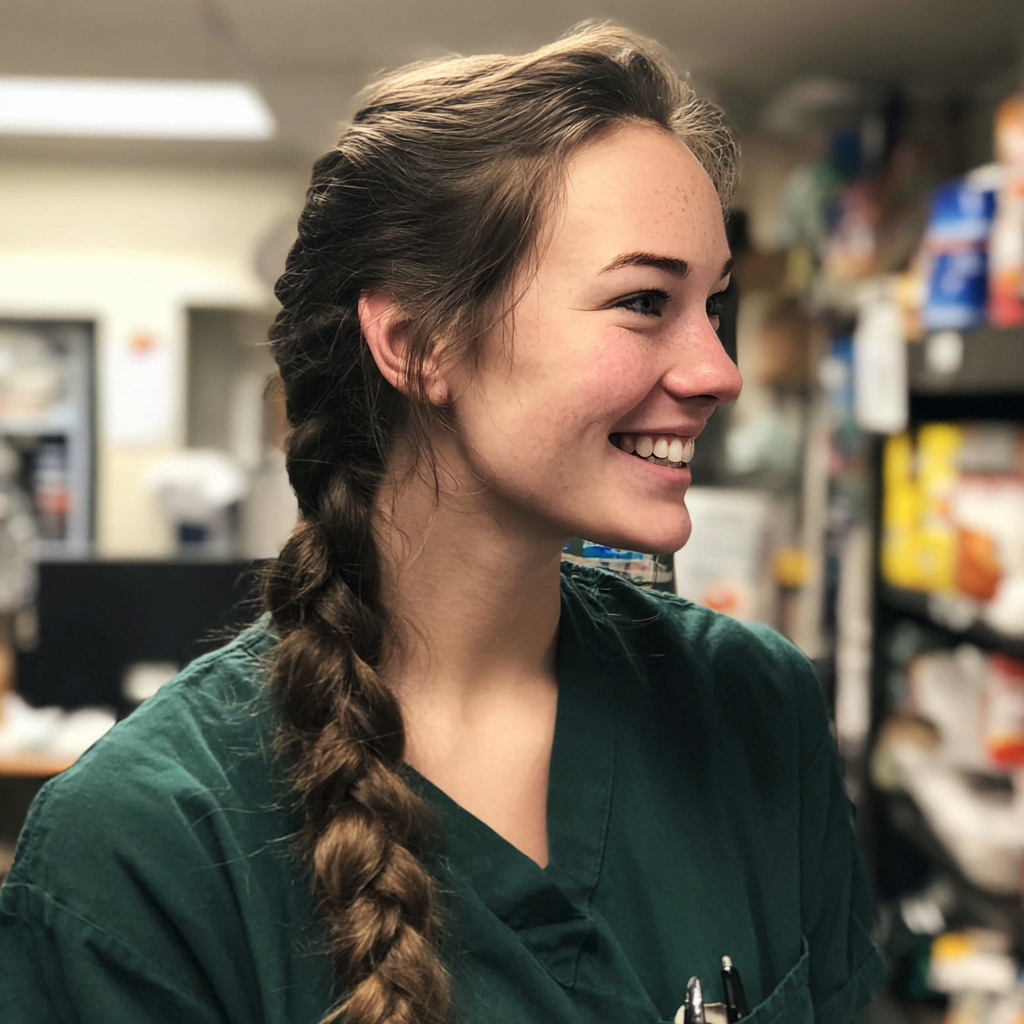 Une infirmière souriante debout dans un bureau | Source : Midjourney