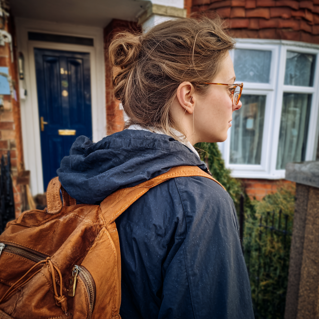 Une femme debout devant une maison avec un sac à dos | Source : Midjourney