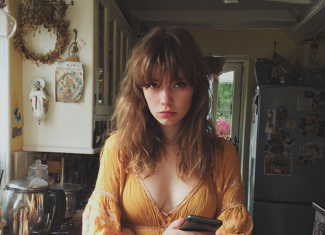 Une femme debout dans une cuisine et tenant un téléphone portable | Source : Midjourney