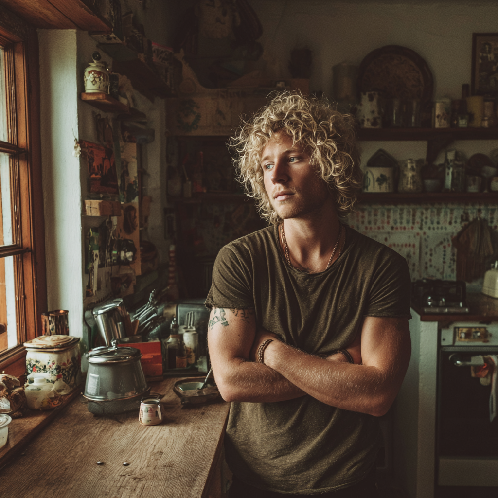 Un homme debout dans une cuisine, les bras croisés | Source : Midjourney