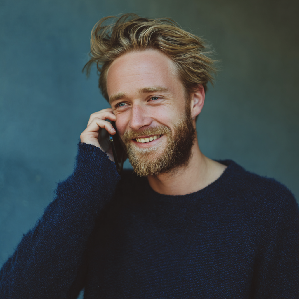Un homme souriant qui parle au téléphone | Source : Midjourney