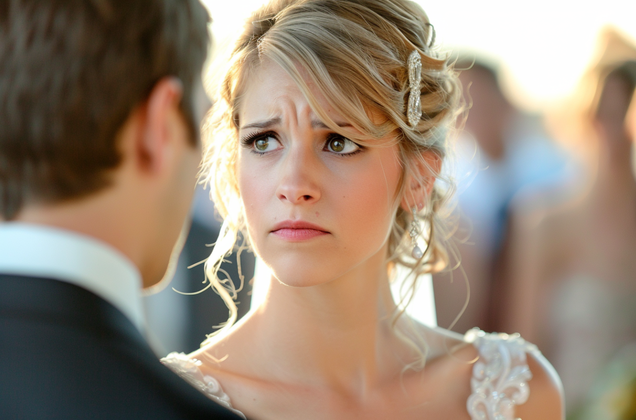 Une mariée bouleversée qui regarde son partenaire | Source : MidJourney