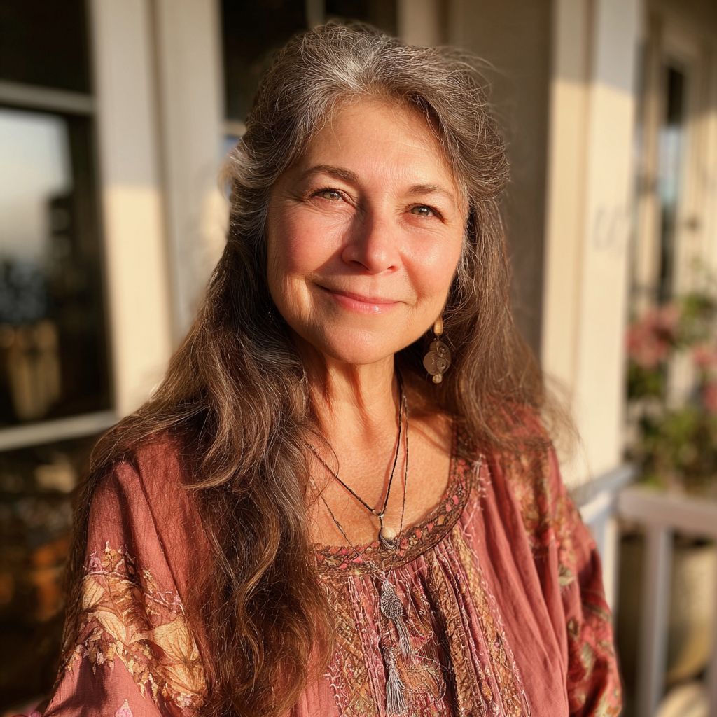 Une femme âgée souriante se tenant sous un porche | Source : Midjourney
