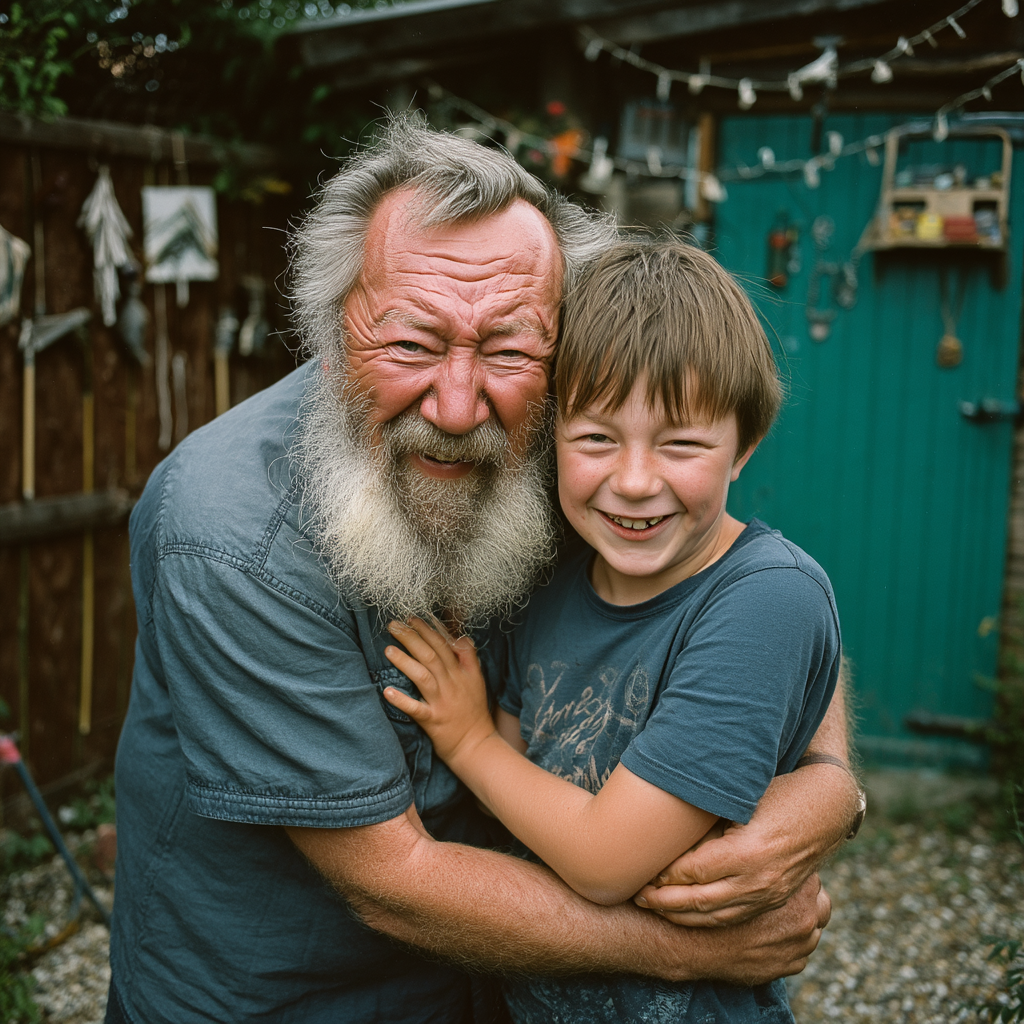 Un homme heureux qui serre un garçon dans ses bras | Source : Midjourney