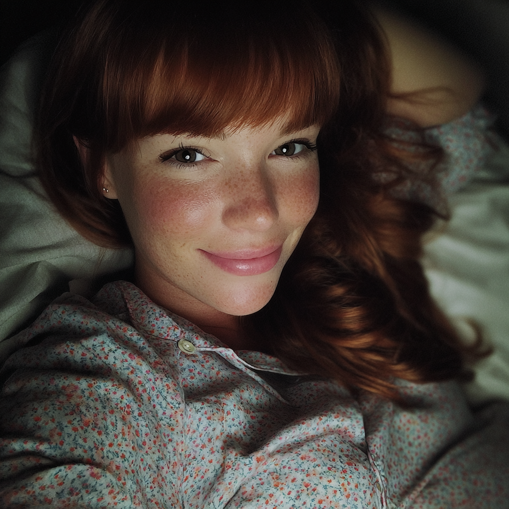 Une femme enceinte souriante allongée dans son lit | Source : Midjourney